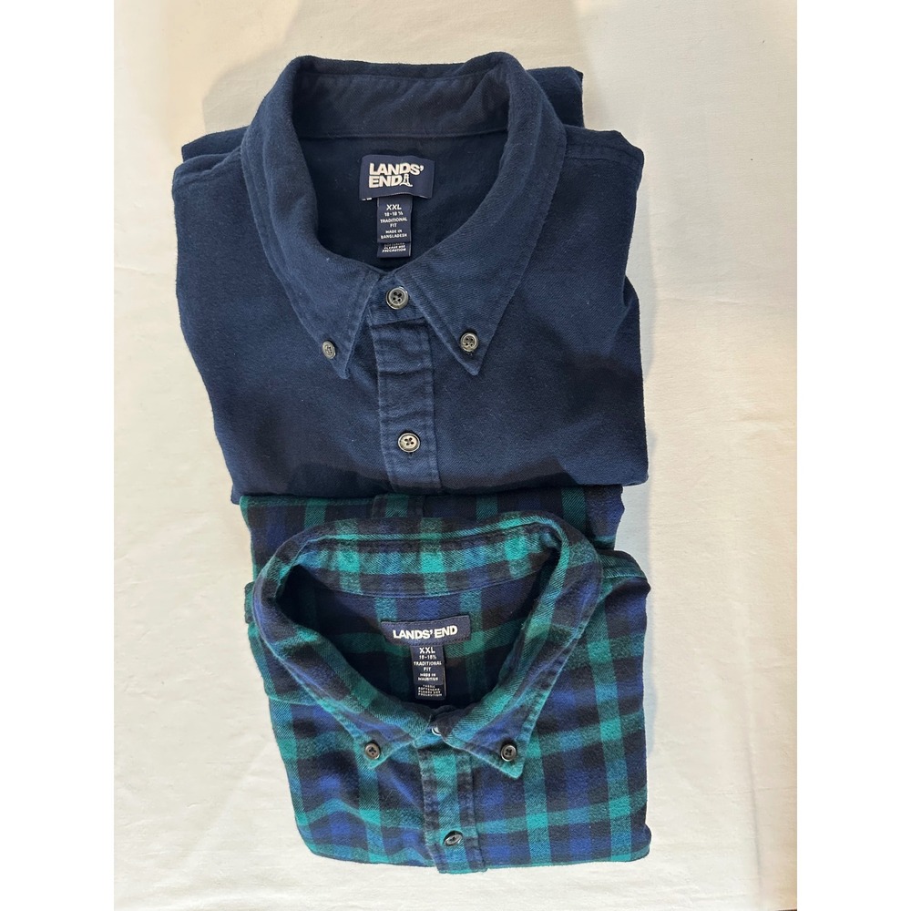 Lands End Mens XXL Flannel Shirt Bundle 2 Pack Navy Blue Plaid Traditional Fit